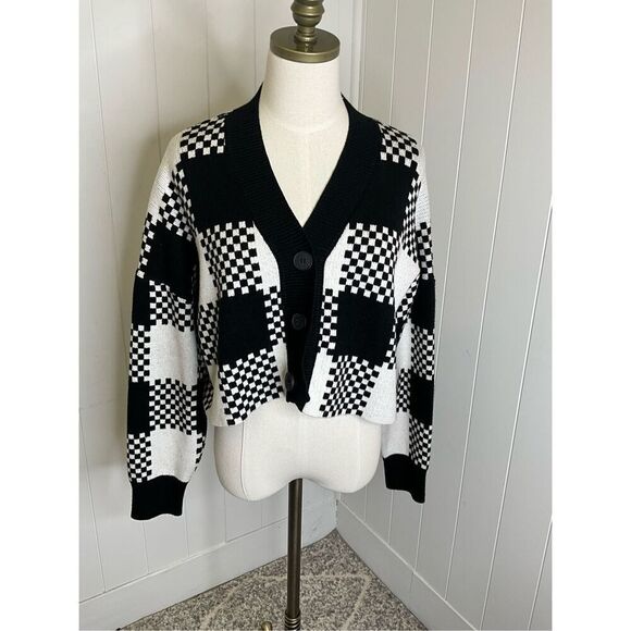 Cider Women's Medium Black White Checkerboard Print Oversized Cropped Cardigan - Picture 1 of 10